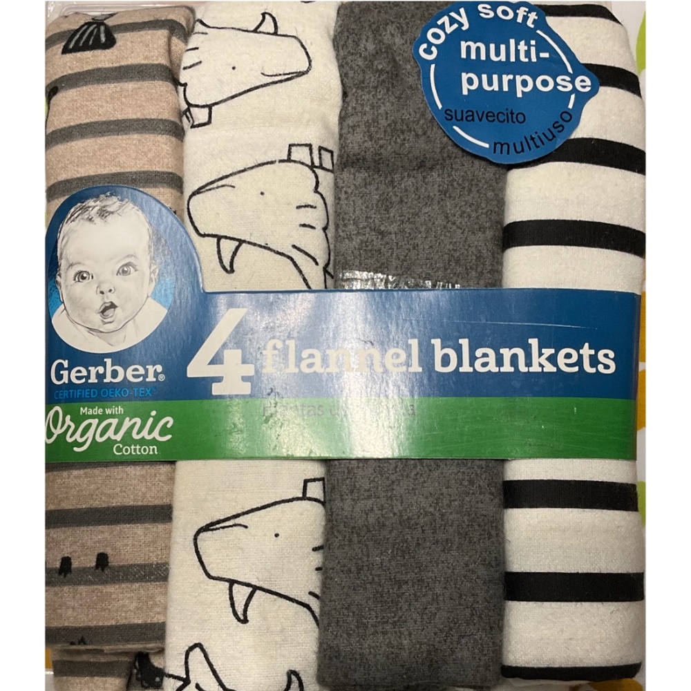 Dinosaurs Baby Boy Gerber 4-Pack Organic Cotton Flannel Blankets Gray NWT